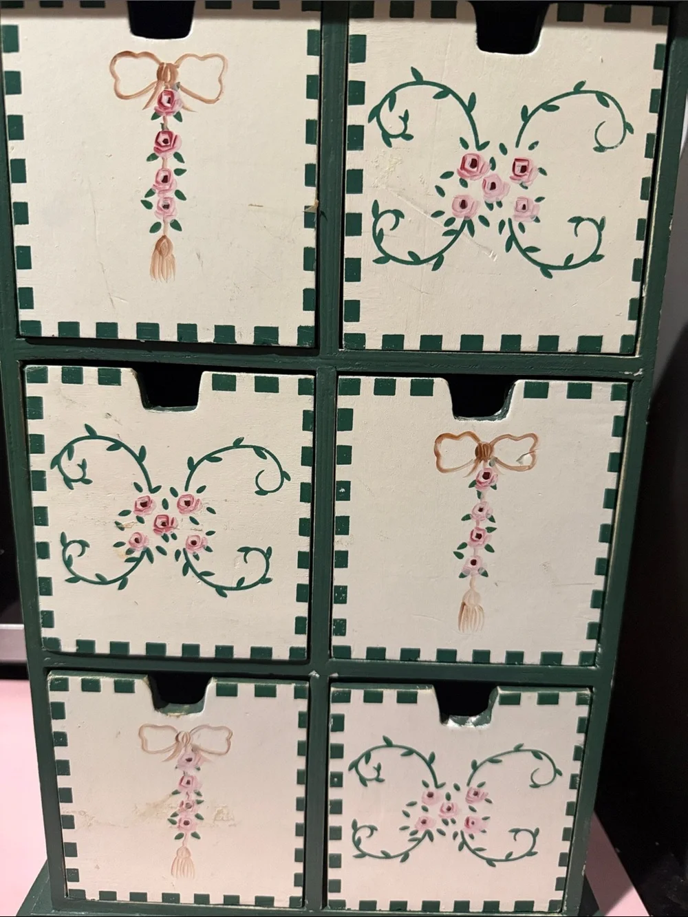 Hand-Painted Green and Cream Floral Six-Drawer Organizer - 15”x9” - drawers 4”x